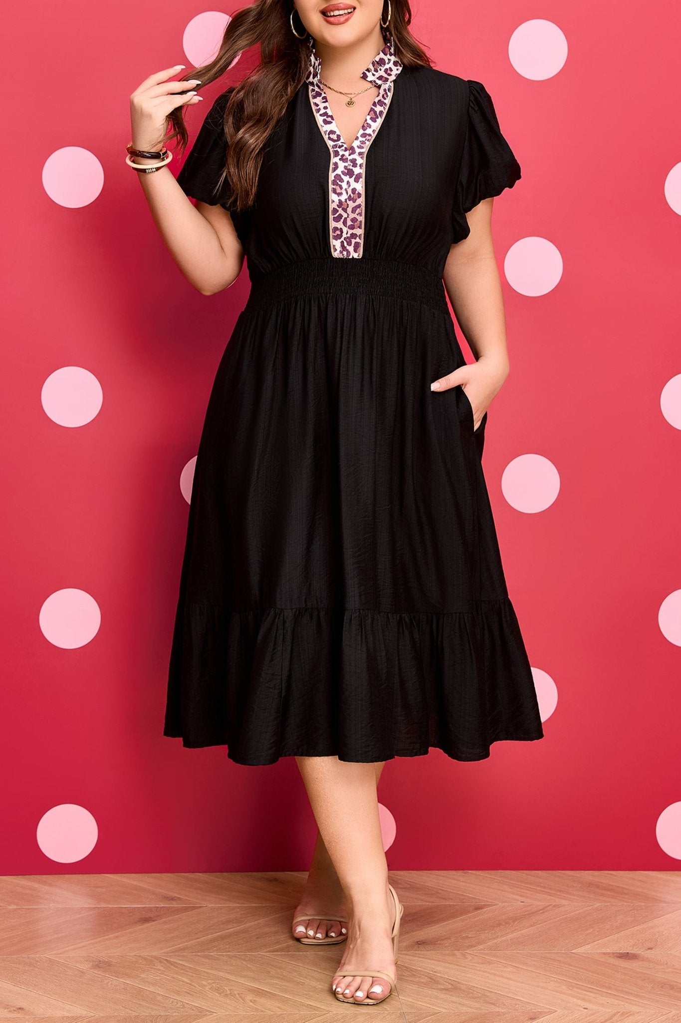 Plus Size Black Leopard V Neck Patchwork Smocked Waist Ruffled Dress - Bayou Curves
