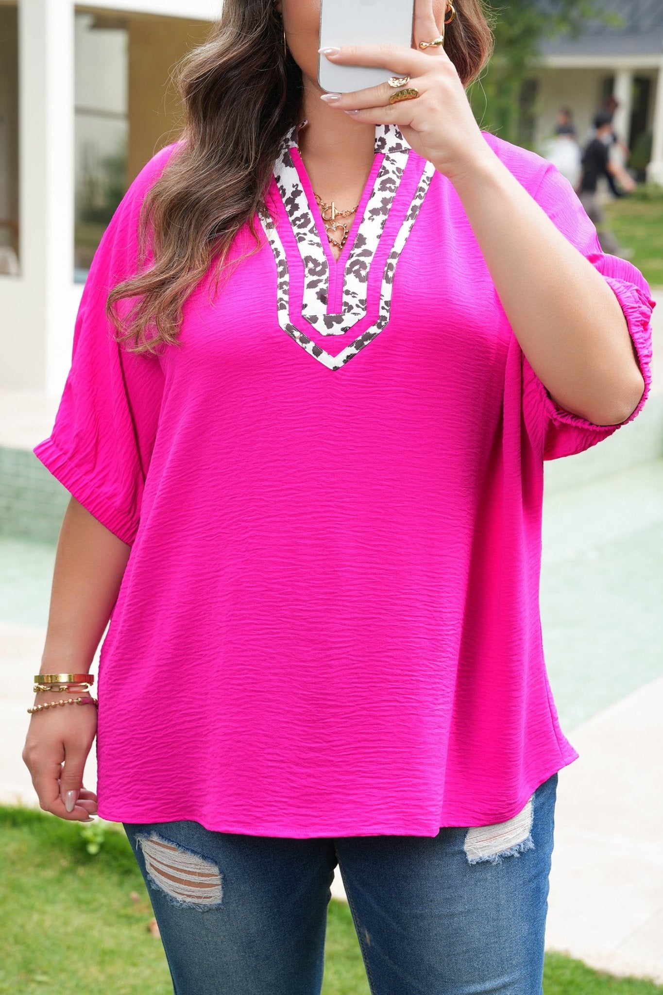 Plus Size Rose Red Leopard Accent Notched Neck Short Sleeve Top - Bayou Curves