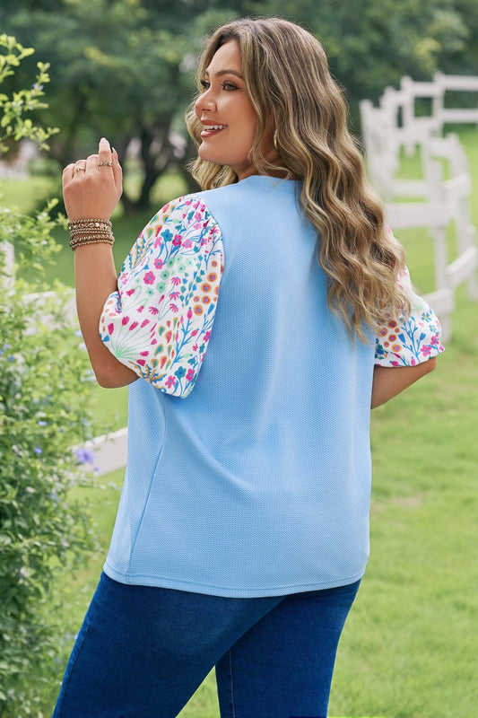Plus Size Light Blue Textured Bodice Contrast Floral Sleeve Top - Bayou Curves