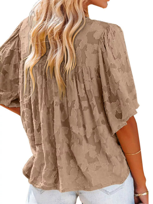 Full Size Textured V-Neck Button-Down Shirt Plus Size - Bayou Curves