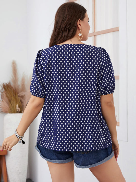 Plus Size Polka Dot Square Neck Blouse - Bayou Curves