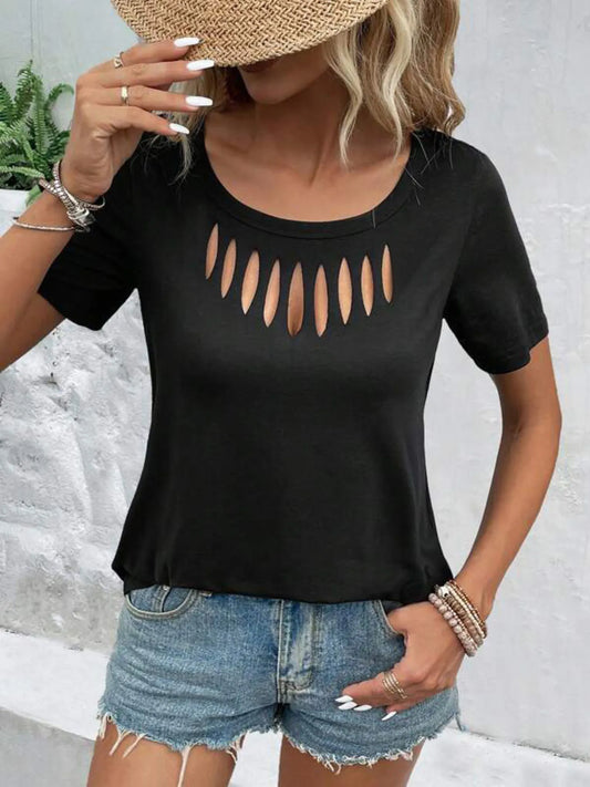 Hollow Out Neckline Short Sleeve T-Shirt - Bayou Curves