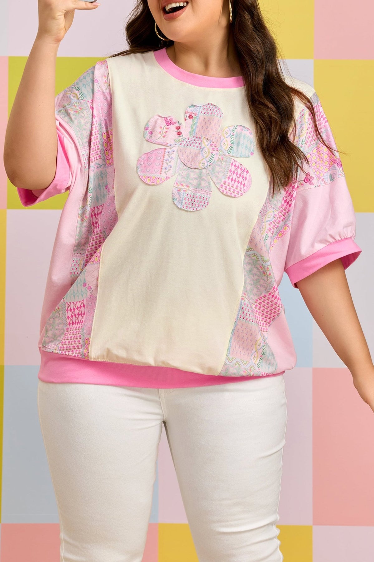 Plus Size Beige Floral Patchwork Short Sleeve Patch Embroidery Cotton T Shirt - Bayou Curves