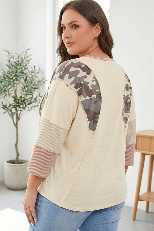 Plus Size Apricot Camouflage Panel Twist Rib Sleeve Round Neck Loose Fit Blouse - Bayou Curves