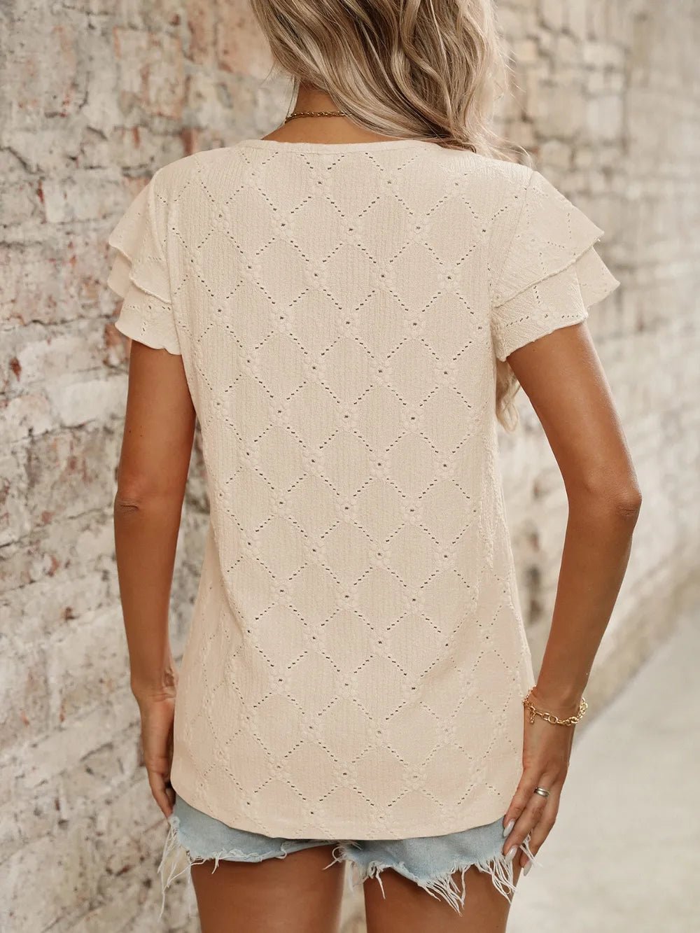 Eyelet Round Neck Double Layered Ruffled Short Sleeve Top - Bayou Curves