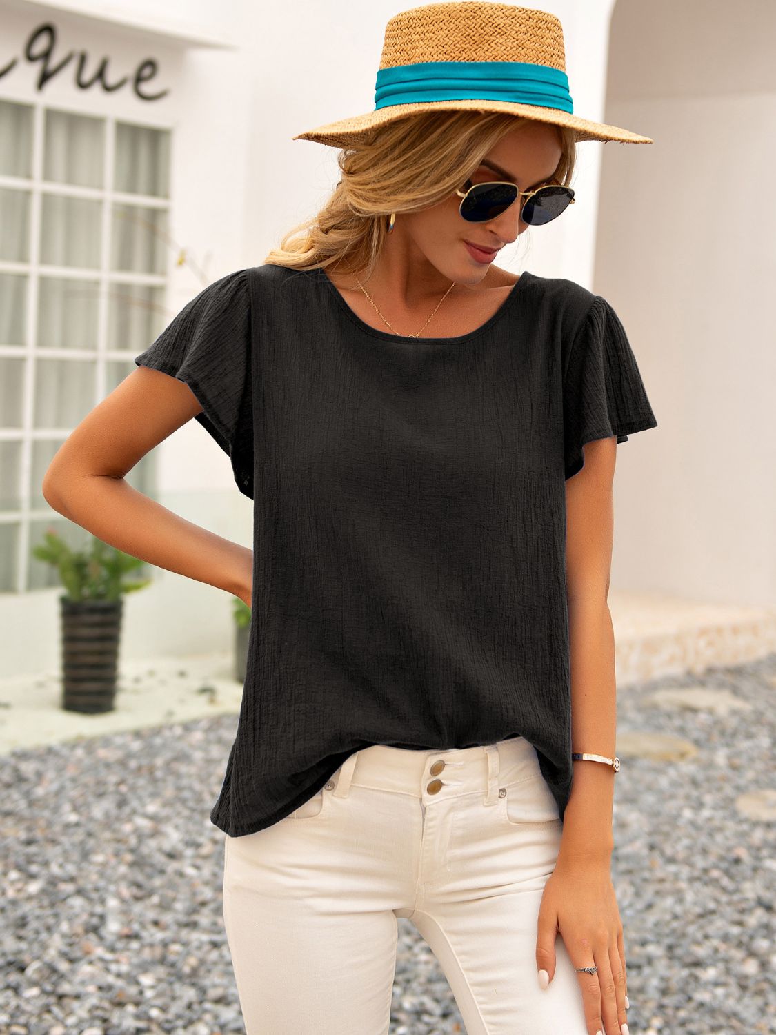 Ivy Lane Round Neck Cutout Tie Back Top - Bayou Curves