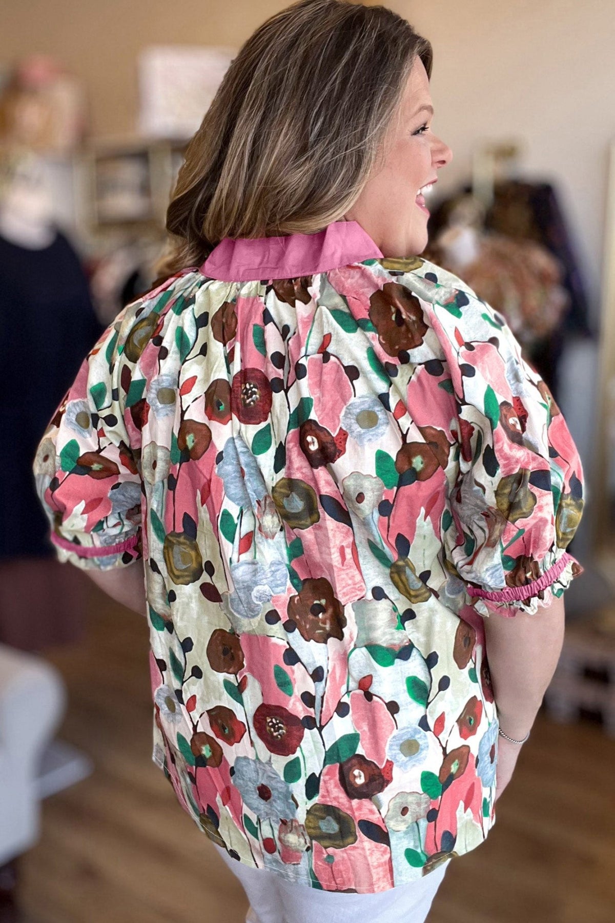 Plus Size Pink V Neck Short Puff Sleeve Floral Blouse - Bayou Curves