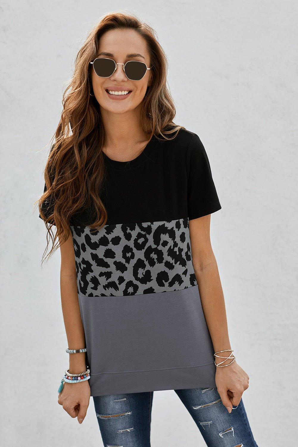 Leopard Print Color Block Short Sleeve T-Shirt - Bayou Curves