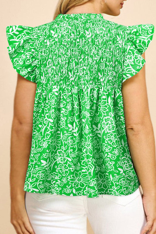 Plus Size Green Floral Flutter Sleeve Shirred Notched Neck Blouse - Bayou Curves