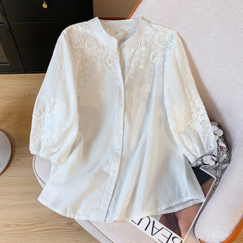 Blue Skies Hollow-Out Sleeve Blouse - Bayou Curves