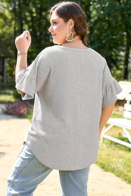 Plus Size Light Grey Lace Insert Waffle Ruffle Short Sleeve Top - Bayou Curves