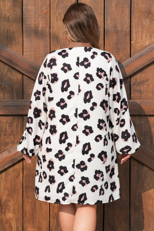 Plus Size Khaki Leopard Print Contrast V Neck Shift Mini Dress - Bayou Curves