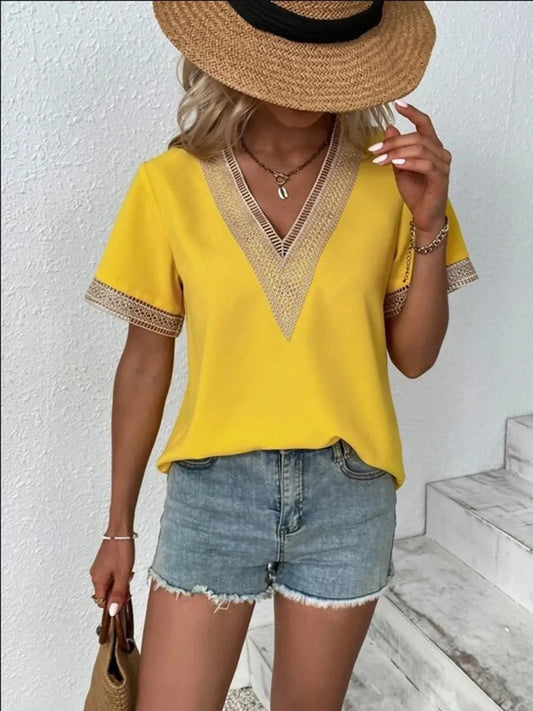 Full Size V-Neck Short Sleeve Blouse Plus Size - Bayou Curves