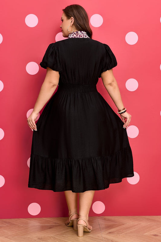 Plus Size Black Leopard V Neck Patchwork Smocked Waist Ruffled Dress - Bayou Curves