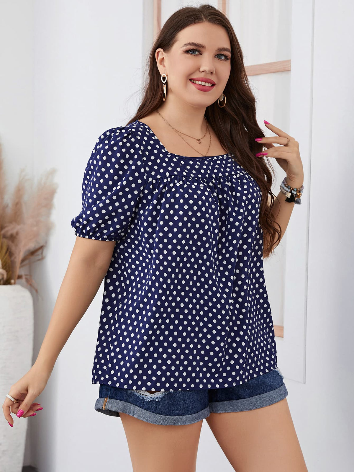 Plus Size Polka Dot Square Neck Blouse - Bayou Curves
