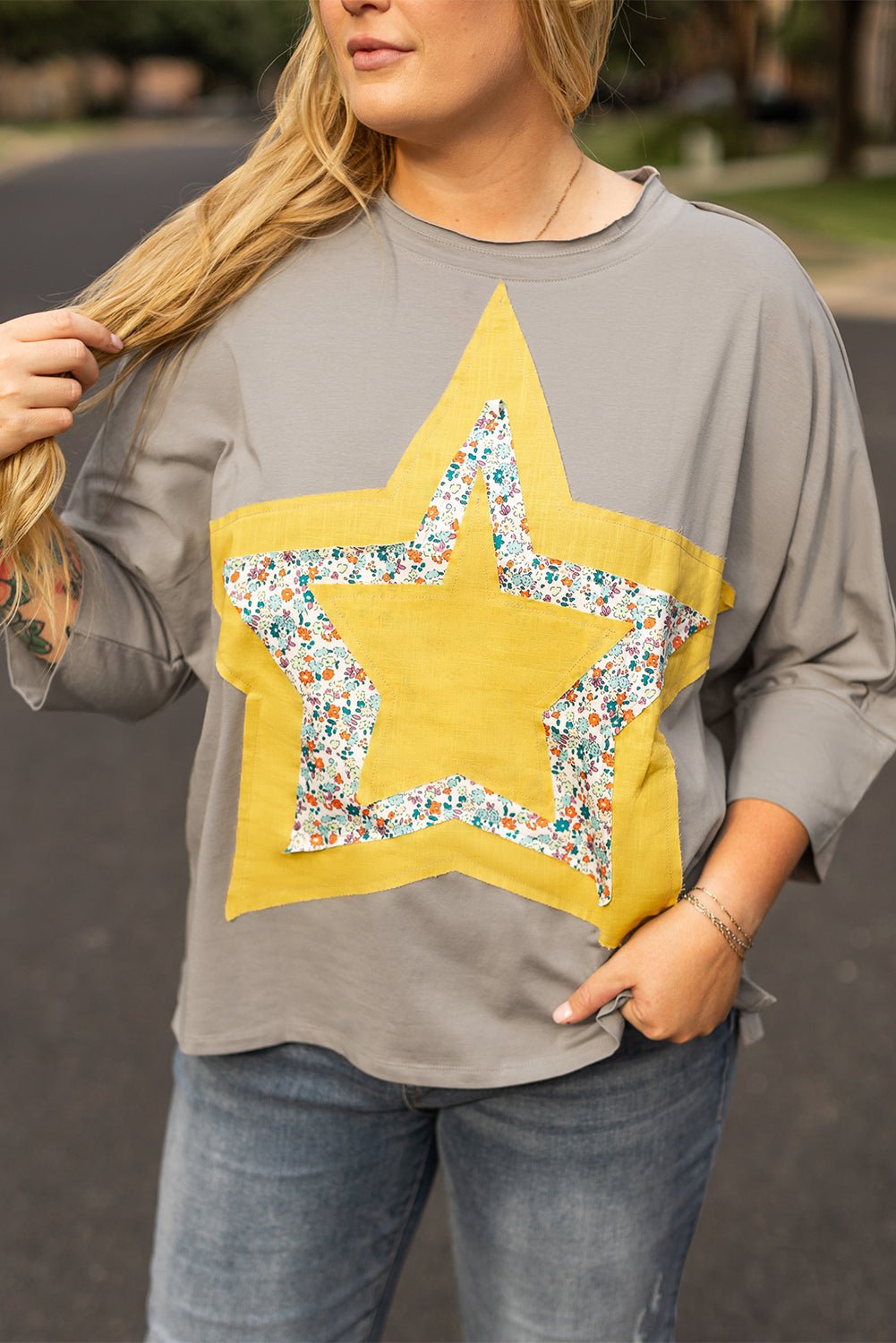 Plus Size Medium Grey Floral Star Patched Pattern 3/4 Sleeve Top - Bayou Curves