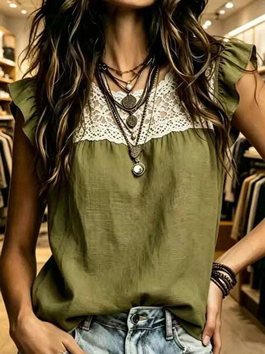 Lace Trim Ruffle Sleeve Blouse - Bayou Curves