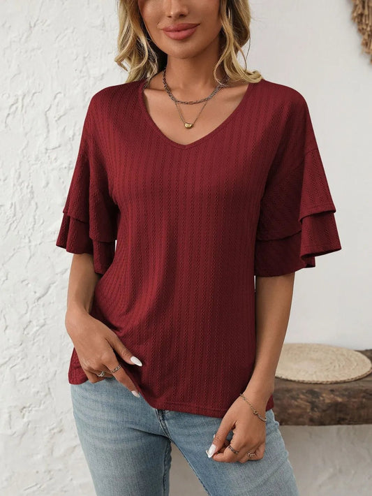 Mandy V-Neck Ruffle Half Sleeve Top - Bayou Curves
