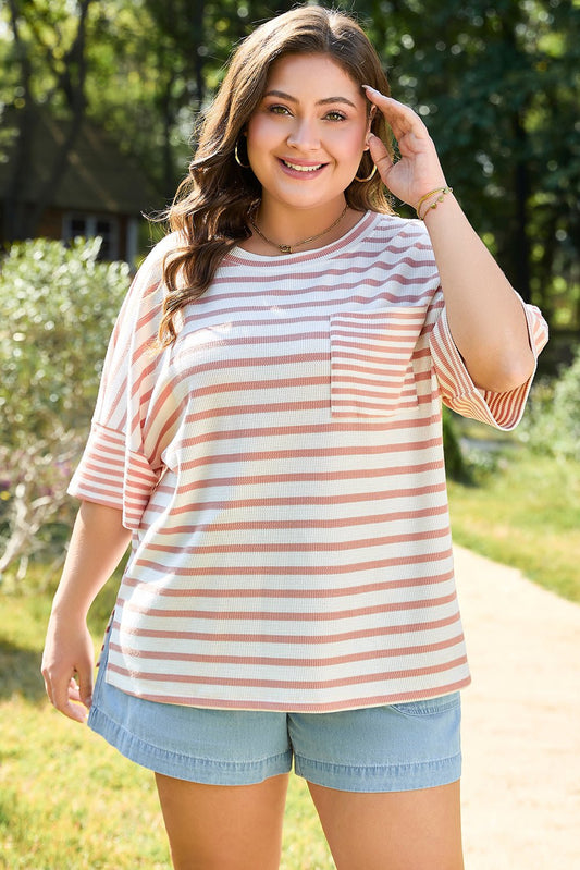 Plus Size Pink Stripe Waffle Knit Pocketed Half Sleeve T Shirt - Bayou Curves