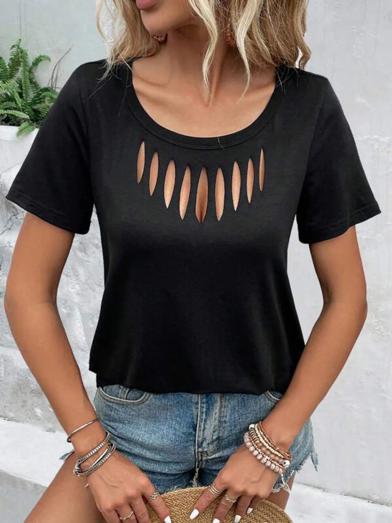 Hollow Out Neckline Short Sleeve T-Shirt - Bayou Curves