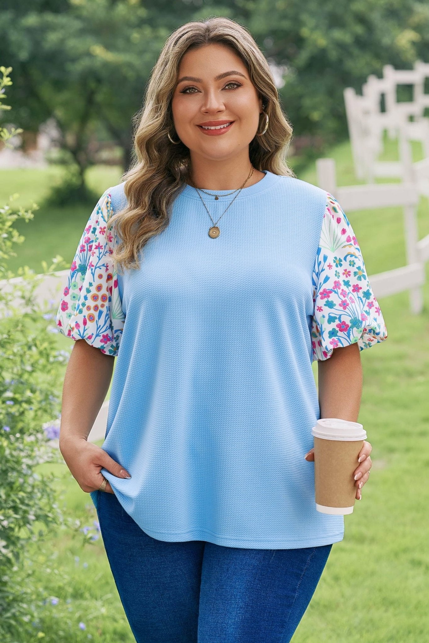 Plus Size Light Blue Textured Bodice Contrast Floral Sleeve Top - Bayou Curves
