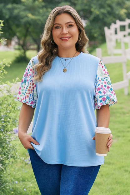 Plus Size Light Blue Textured Bodice Contrast Floral Sleeve Top - Bayou Curves