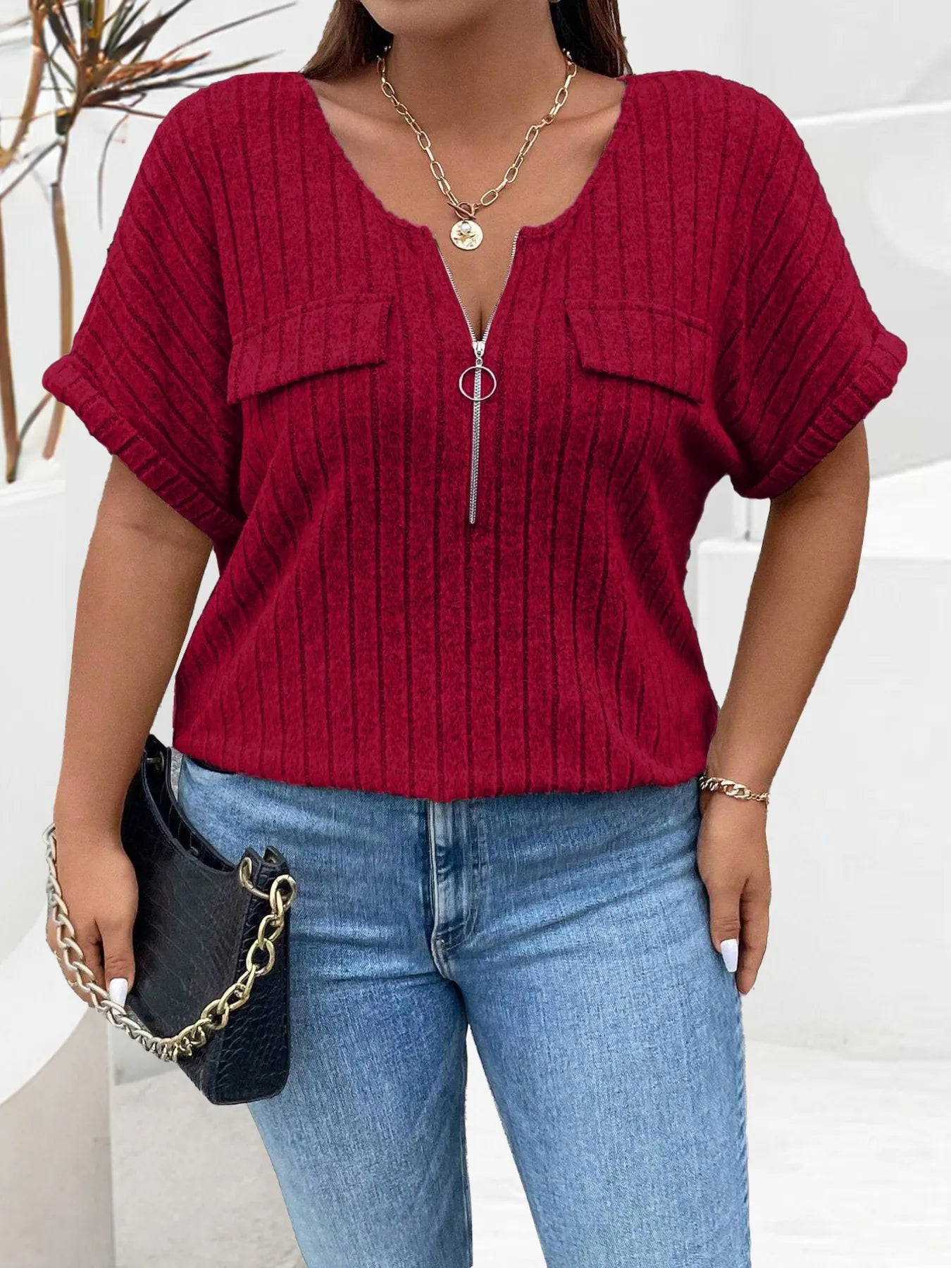 Plus Size Ribbed Half Zip Relaxed Fit T-Shirt - Bayou Curves