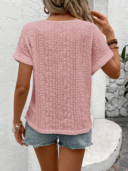 Eyelet Round Neck Short Sleeve Top - Bayou Curves