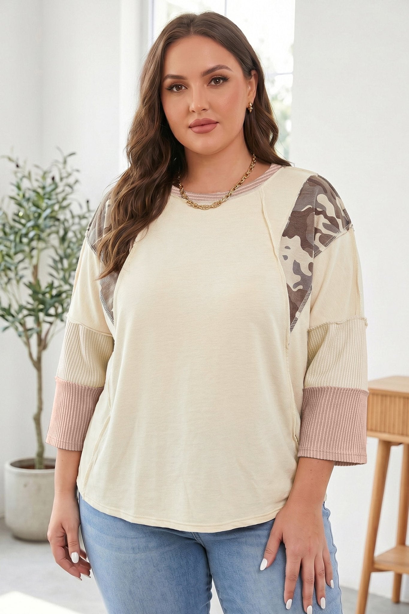 Plus Size Apricot Camouflage Panel Twist Rib Sleeve Round Neck Loose Fit Blouse - Bayou Curves