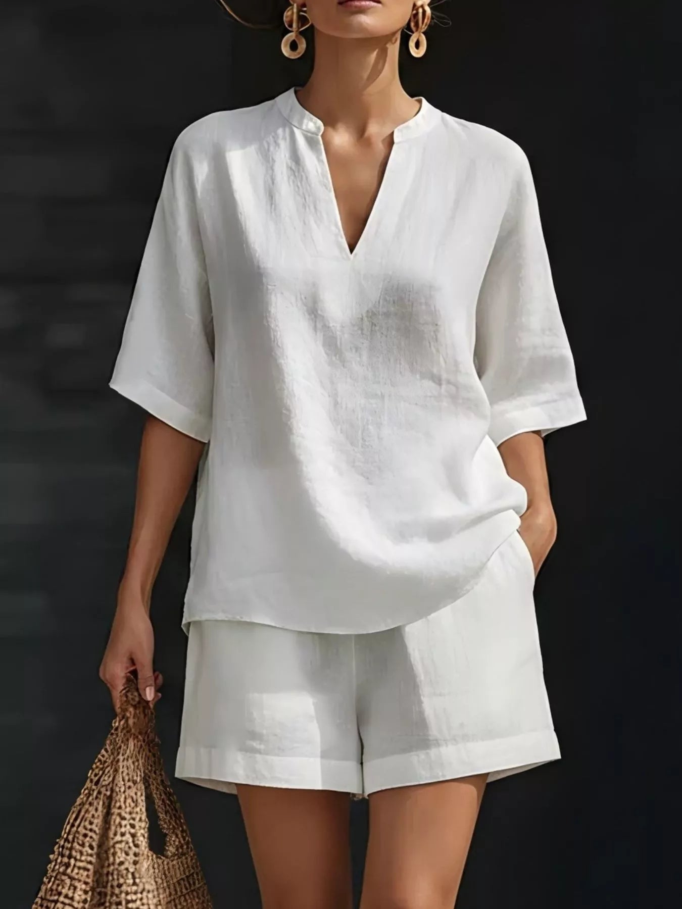 Full Size Notched Half Sleeve Top and Shorts Set Plus Size - Bayou Curves