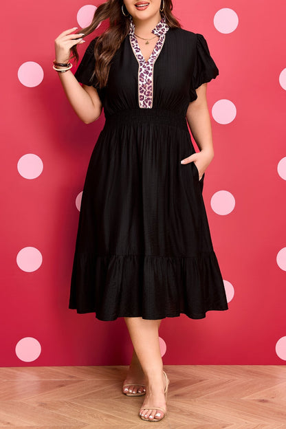 Plus Size Black Leopard V Neck Patchwork Smocked Waist Ruffled Dress - Bayou Curves