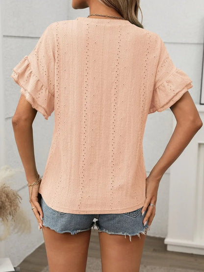 Eyelet Round Neck Flounce Sleeve Top - Bayou Curves