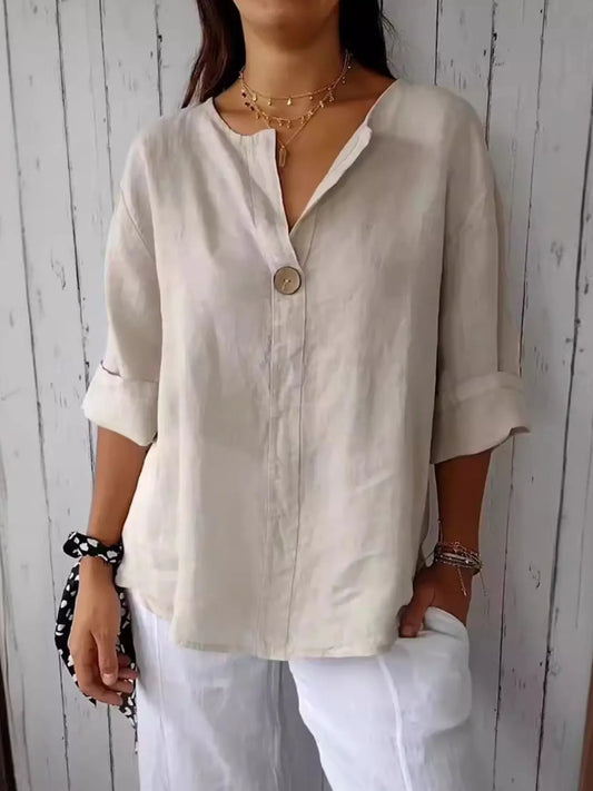Full Size Linen Blend Notched Blouse Plus Size - Bayou Curves