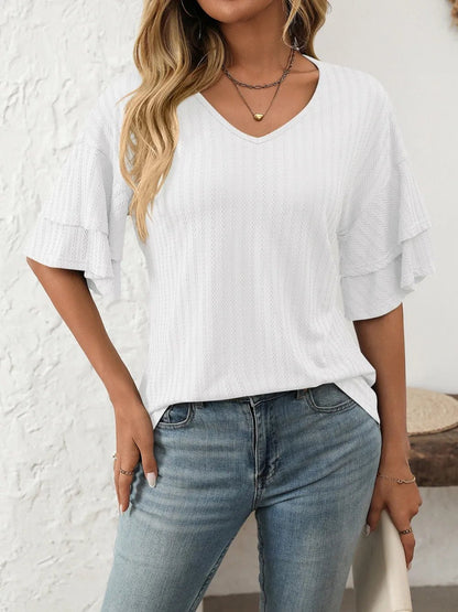 Mandy V-Neck Ruffle Half Sleeve Top - Bayou Curves