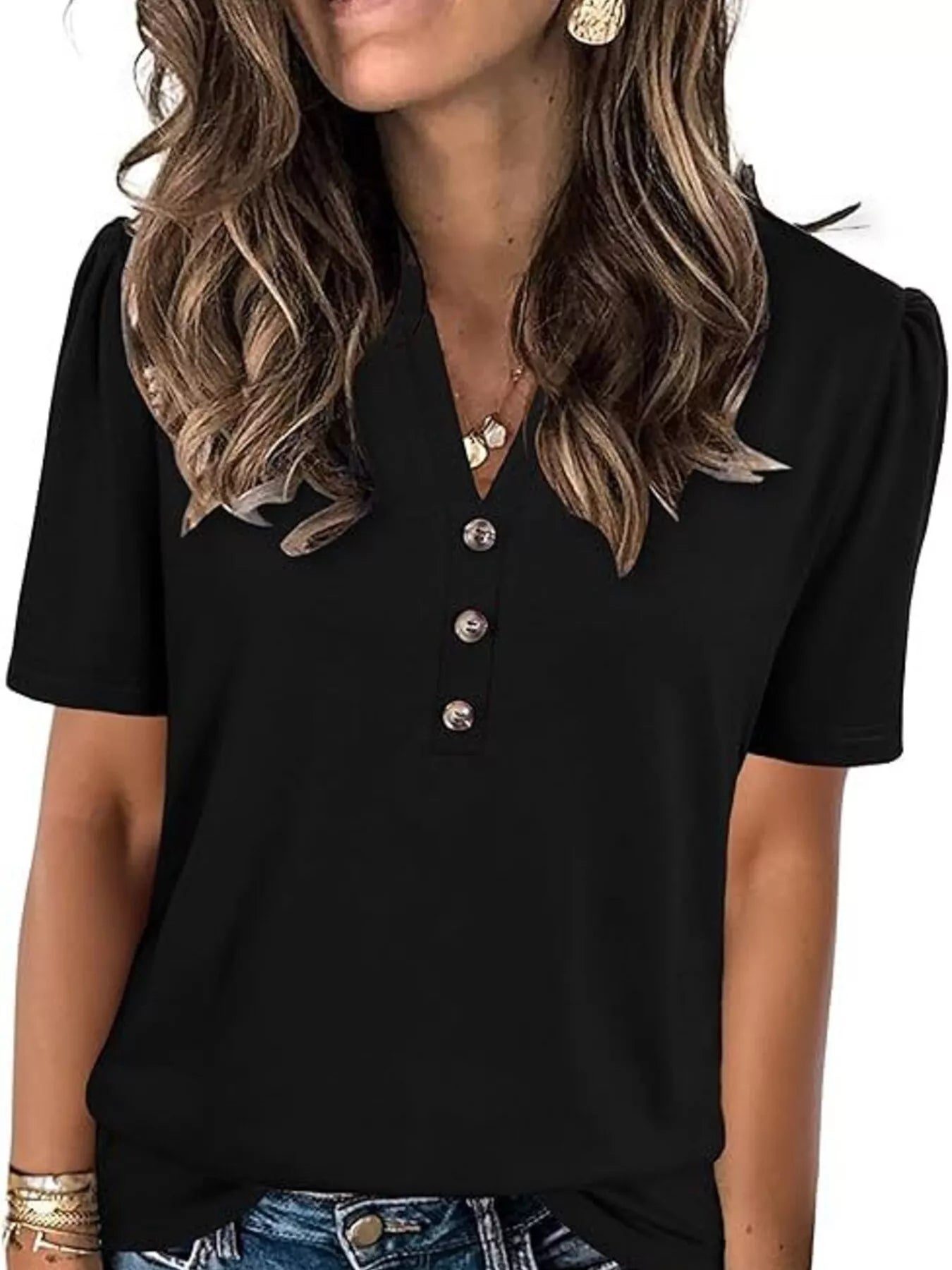 Full Size Notched Short Sleeve Blouse Plus Size - Bayou Curves