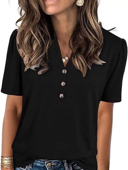 Full Size Notched Short Sleeve Blouse Plus Size - Bayou Curves