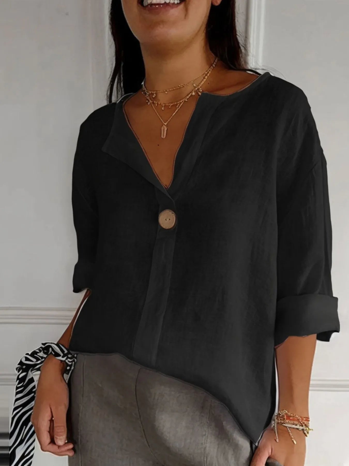 Full Size Linen Blend Notched Blouse Plus Size - Bayou Curves