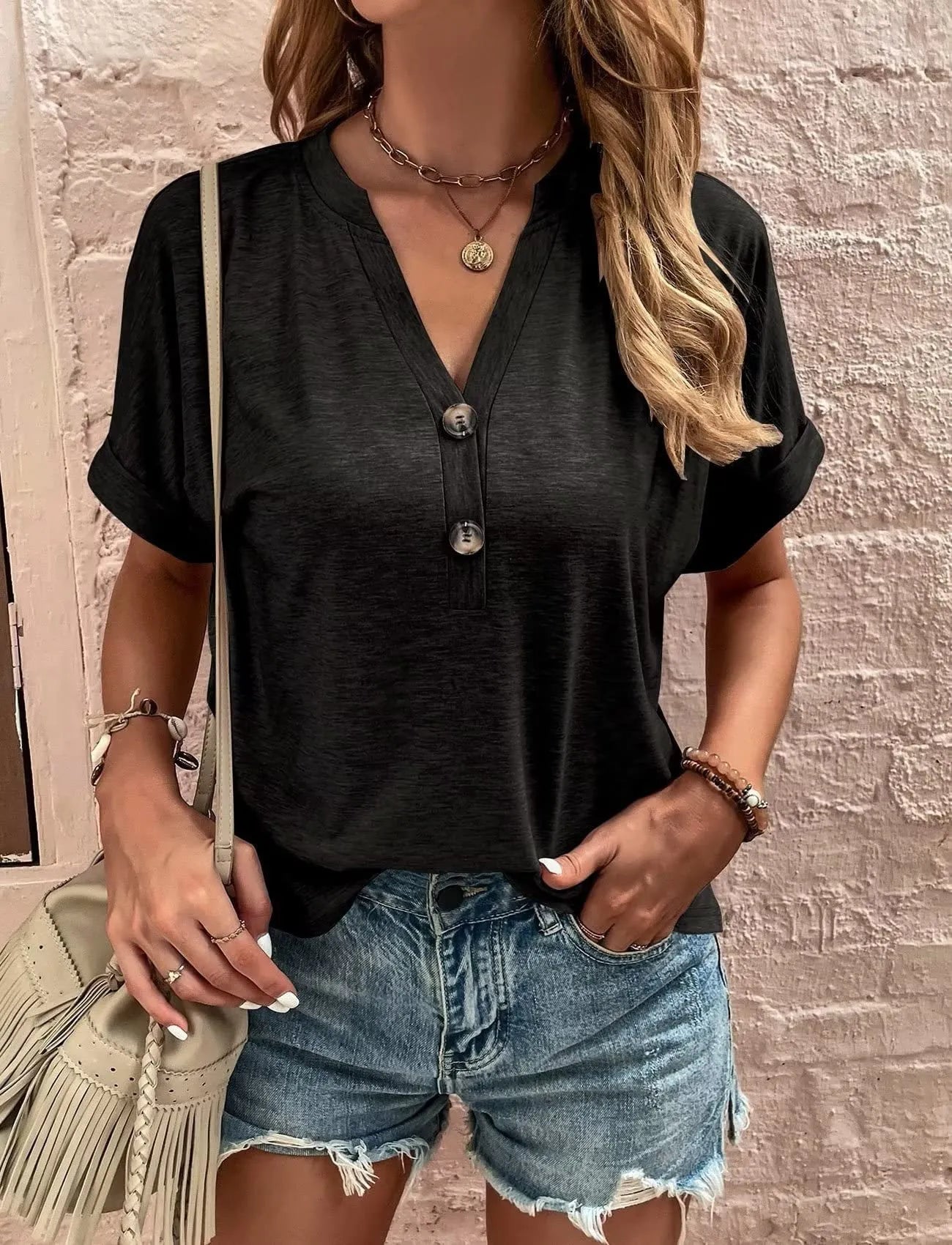 Full Size Notched Short Rolled Sleeve Top Plus Size - Bayou Curves