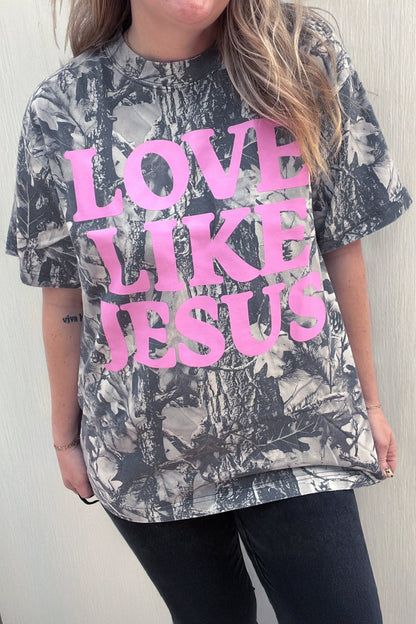 Plus Size Gray Woodland Camouflage LOVE LIKE JESUS T Shirt - Bayou Curves