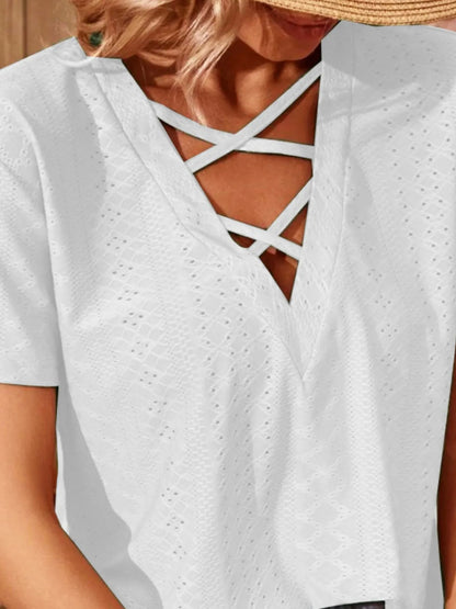 Eyelet Crisscross Short Sleeve T-Shirt - Bayou Curves