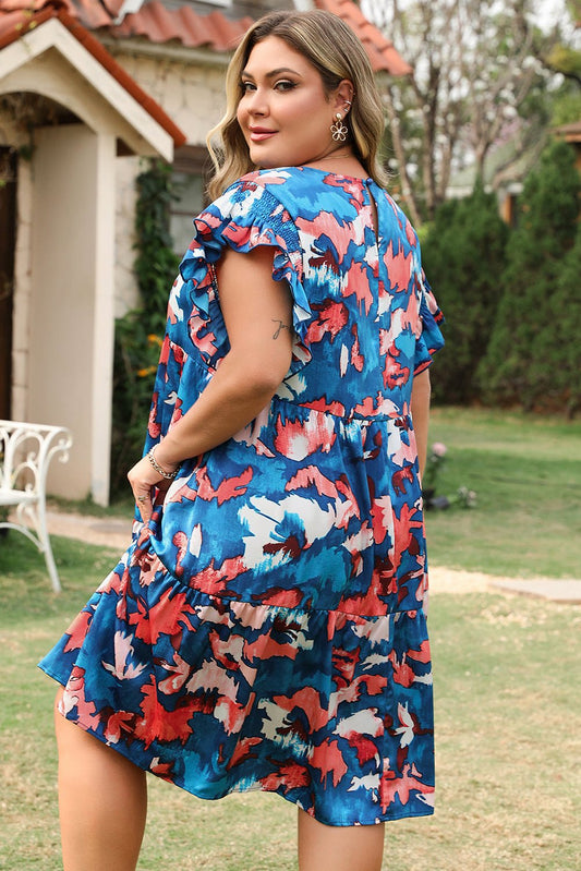 Plus Size Blue Abstract Print Shirred Ruffled Short Sleeve Tiered Mini Dress - Bayou Curves