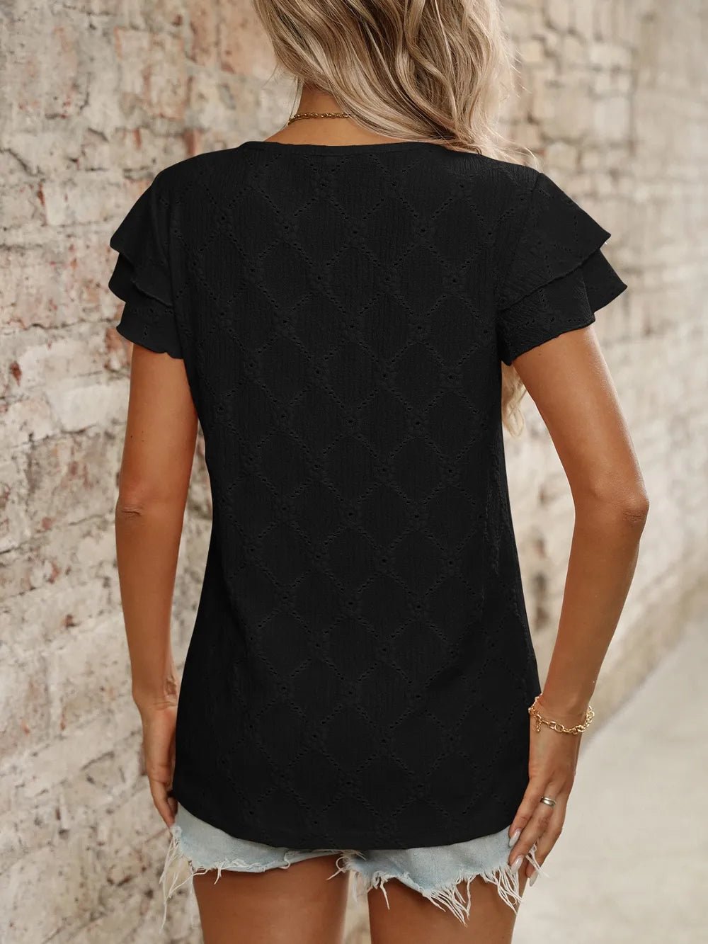 Eyelet Round Neck Double Layered Ruffled Short Sleeve Top - Bayou Curves