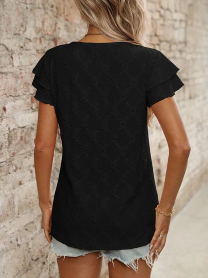 Eyelet Round Neck Double Layered Ruffled Short Sleeve Top - Bayou Curves