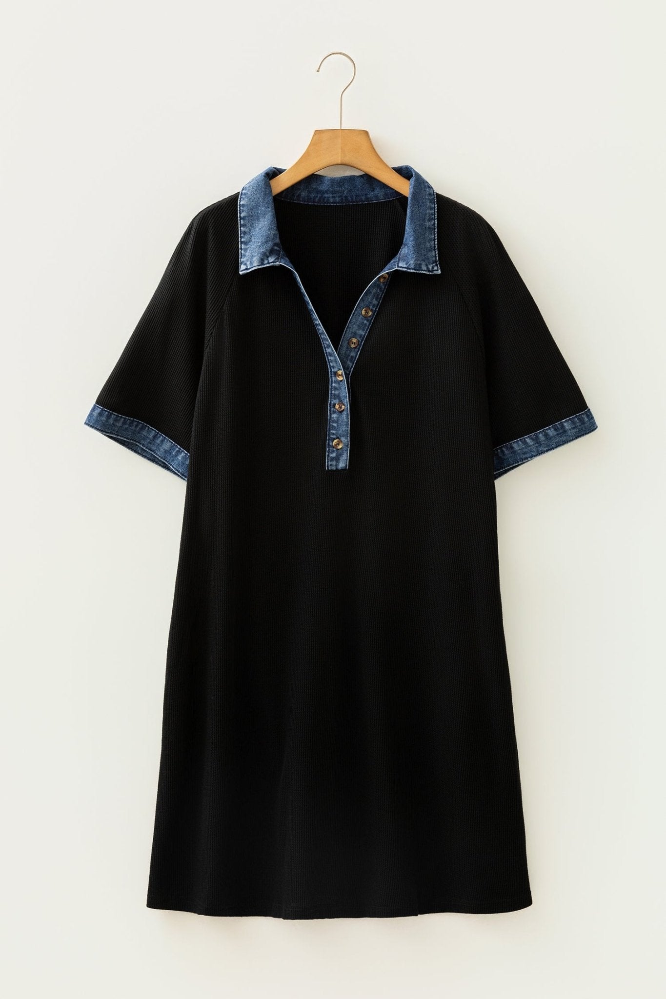 Plus Size Black Colorblock Denim Collar Short Sleeve Shift Dress - Bayou Curves