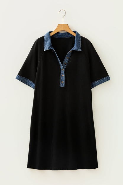 Plus Size Black Colorblock Denim Collar Short Sleeve Shift Dress - Bayou Curves