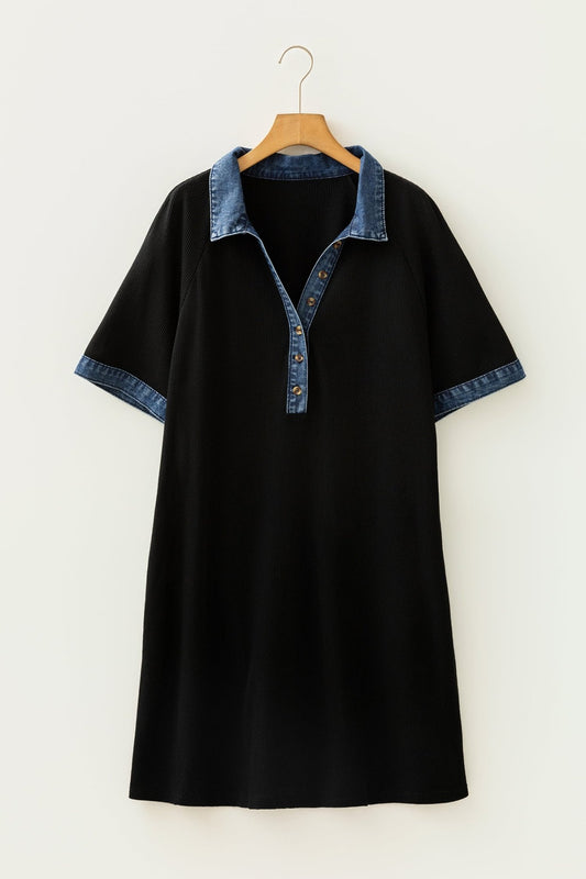 Plus Size Black Colorblock Denim Collar Short Sleeve Shift Dress - Bayou Curves