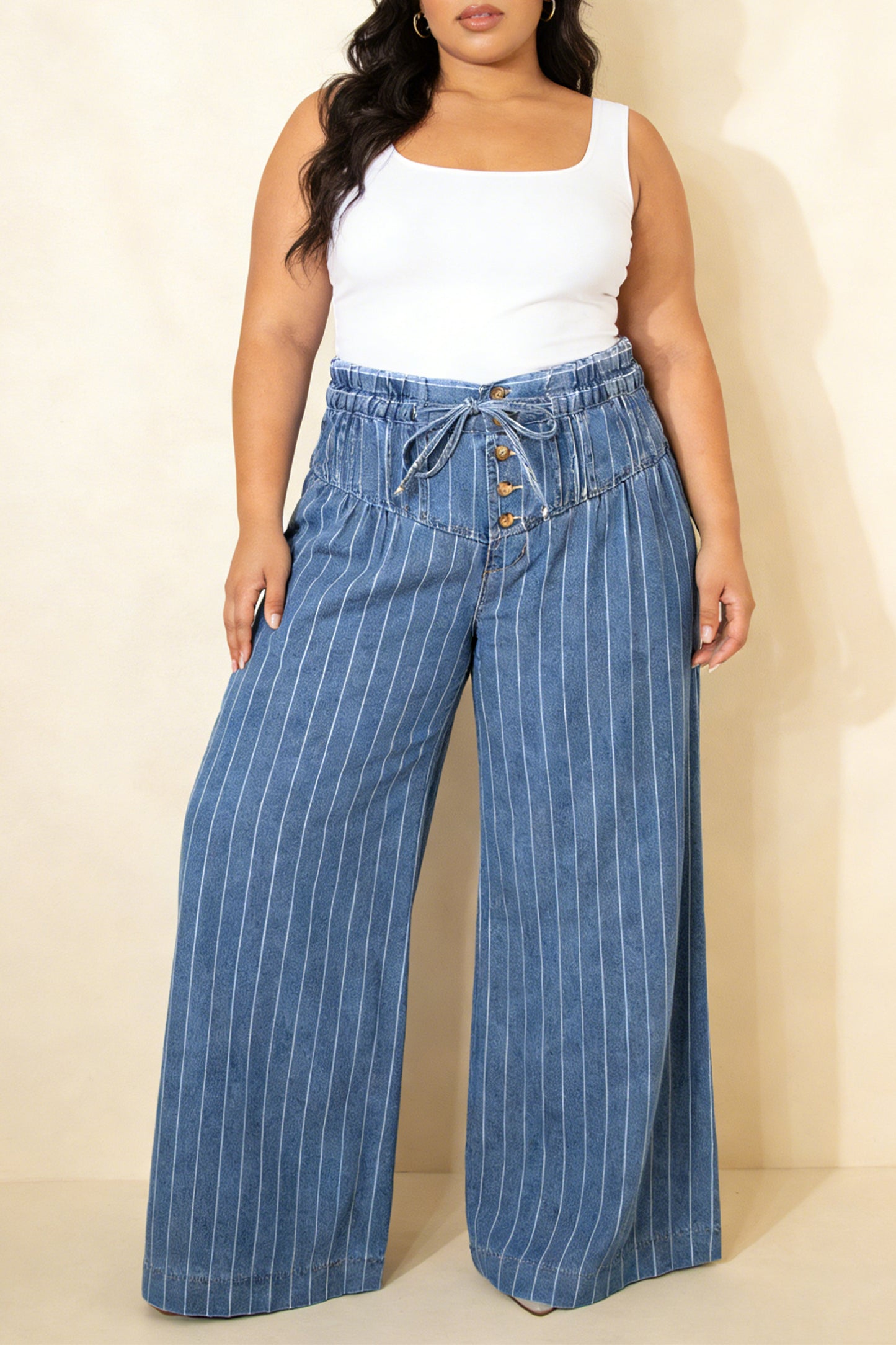 Plus Size Sky Blue Stripe Buttoned Loose Wide Leg Denim Pants