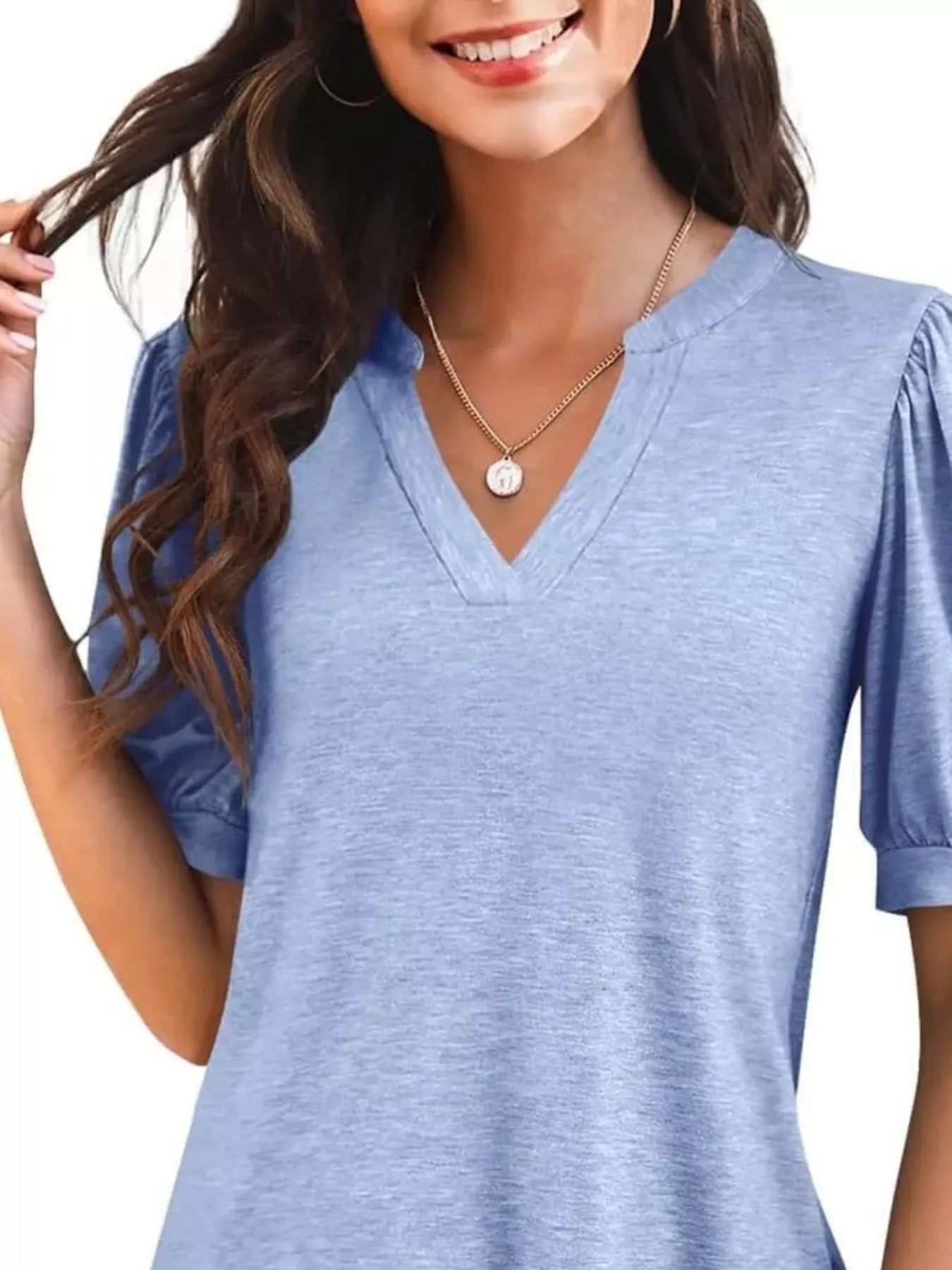 Puff Sleeve Notched Casual T-Shirt - Bayou Curves