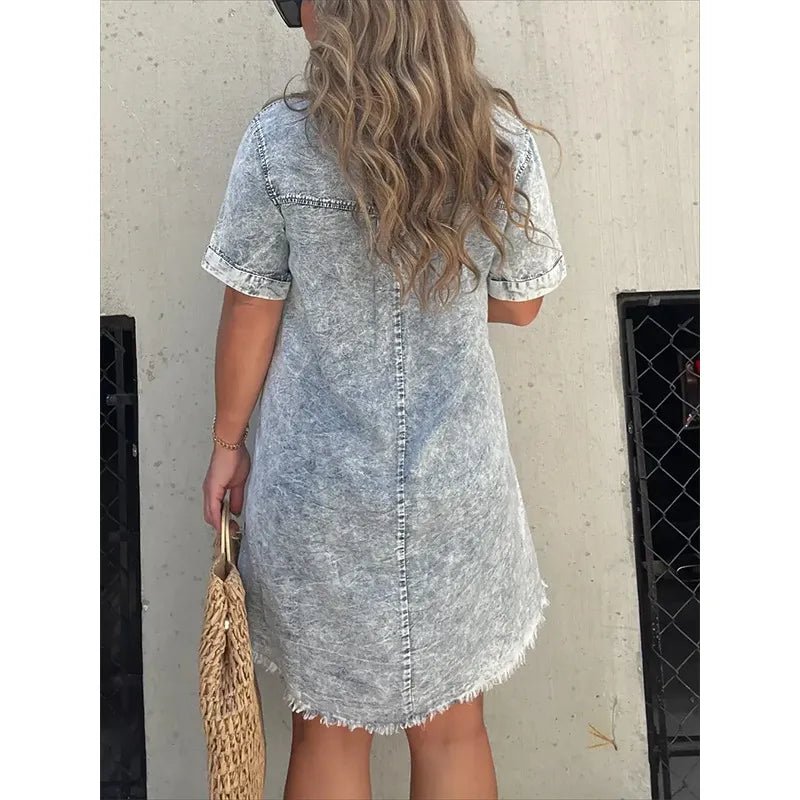 Full Size Raw Hem Short Sleeve Denim Dress Plus Size - Bayou Curves