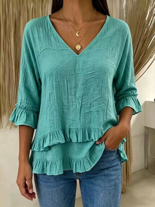 V-Neck Ruffle Sleeve Top - Bayou Curves